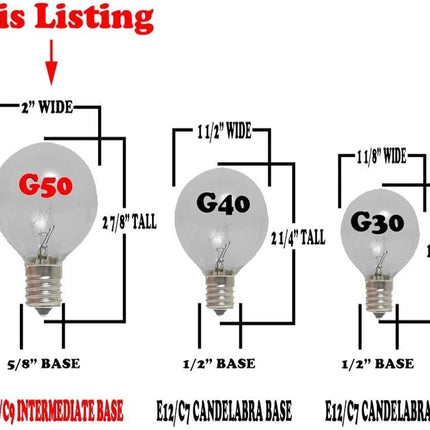 Novelty Lights Incandescent G50 Globe Replacement Bulbs - Outdoor Individual Bulbs For Events, Holiday Parties, Patios, And More - E17/C9 Intermediate Base, 7 Watt Lights (Multi, 25 Pack)