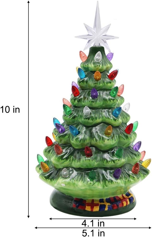 Blissun 10" Ceramic Christmas Tree, Tabletop Christmas Tree Lights Decorations with 54 Multicolored Lights and 7 Point Star Topper for Christmas Table Decorations