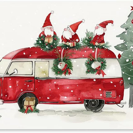 Christmas Gnome Bus Canvas Wall Art - Winter Snowing Christmas Painting - Framed 12 X 16 Inch Small Cute Christmas Pictures for Bathroom Kitchen Kids Room Home Office Decorations - Aesthetic Holiday