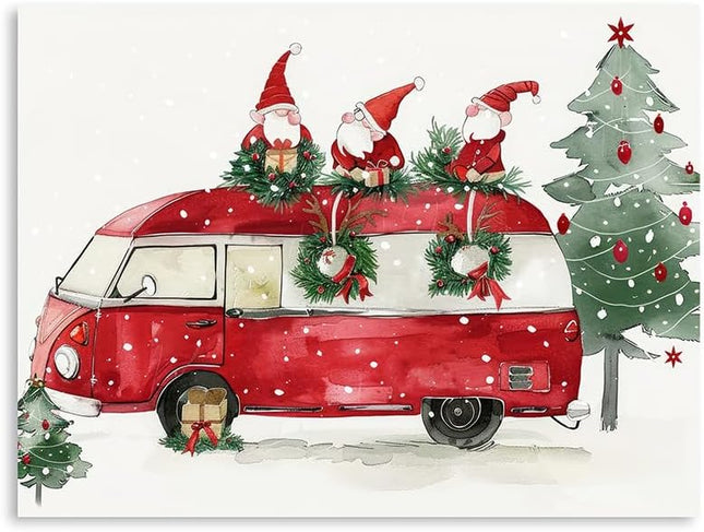 Christmas Gnome Bus Canvas Wall Art - Winter Snowing Christmas Painting - Framed 12 X 16 Inch Small Cute Christmas Pictures for Bathroom Kitchen Kids Room Home Office Decorations - Aesthetic Holiday