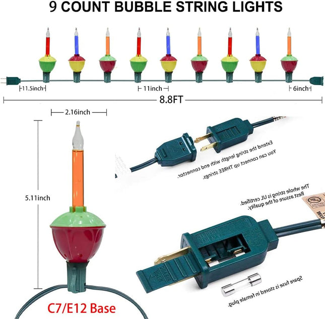 Christmas Multicolor Bubble Lights, 8.8 Ft Traditional Bubble String Lights with 10 Orange/Red/Blue Bubble Fluids Bulbs, UL Listed for Christmas Tree Holiday Party Decor Lighting, Green Wire
