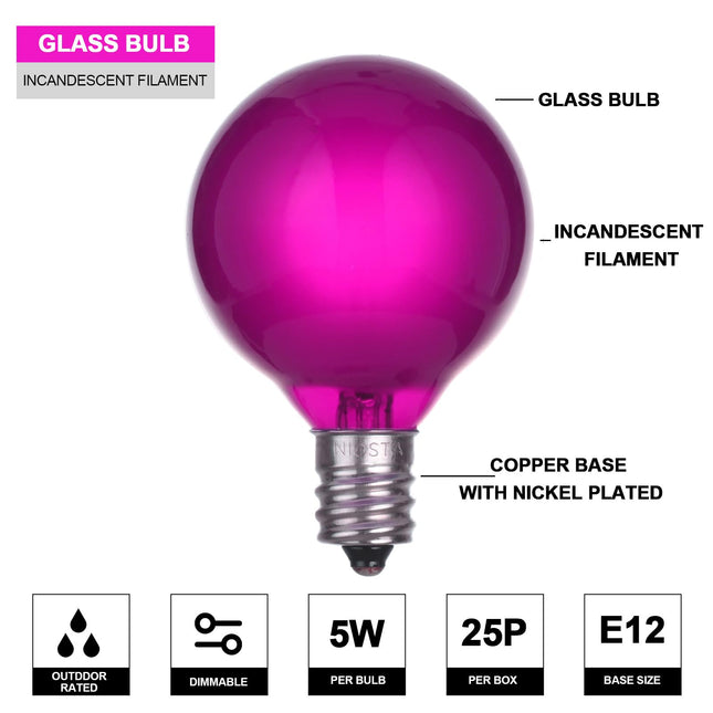 NIOSTA 25 Pack G40 Globe Christmas Replacement Bulbs, Frosted Pink Glass Incandescent Light Bulbs, E12/C7 Candelabra Base, UL Listed Patio String Lights Bulbs for Indoor Outdoor Decorative, 5W