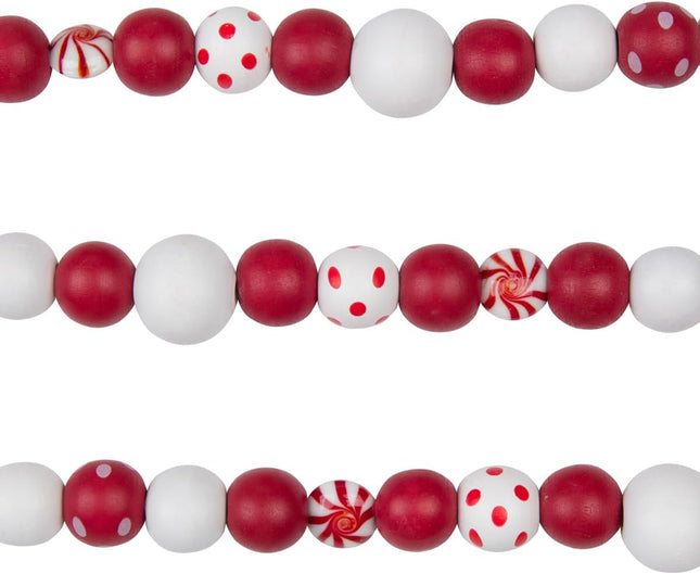 One Holiday Way 9-Foot Rustic Red and White Dot Wood Bead Garland with Peppermints Christmas Tree Decoration - Decorative Vintage Wooden Beads for Everyday Chic Winter Farmhouse Xmas Party Home Decor