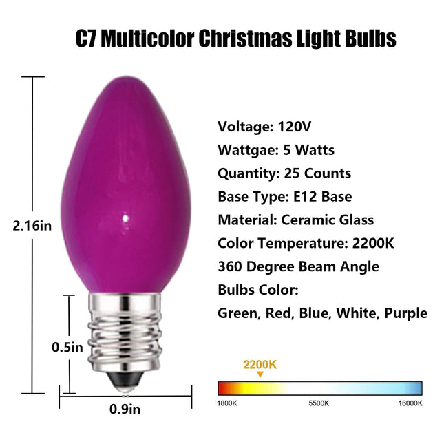 C7 Multicolor Christmas Replacement Bulbs, 25 Pack Ceramic Color Christmas Light Bulbs, Vintage Edison Light Bulbs for C7 Christmas Lights, Night Light, Candle, Chandelier, E12 Candelabra Base, 5 Watt