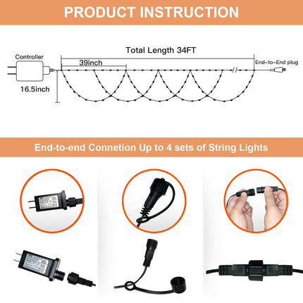 LED Christmas Lights Outdoor, 34Ft 380 LEDs Christmas Half-Round String Lights, Extendable Plug in 8 Modes Waterproof Christmas Decoration for Yard Eaves Fence Roofing Wedding Party Decor