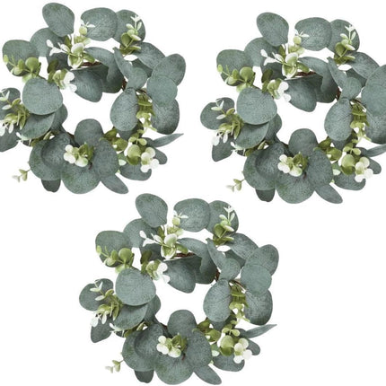 Mini Artificial Wreath Eucalyptus 10" Faux Eucalyptus Leaves Cabinet Wreath Artificial Greenery Wreath for Front Door Farmhouse Wall Window Wedding Home Decoration (Green Leaf-3 PCS)