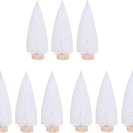 IUIBMI 9 PCS Mini Sisal Christmas Trees 6 Inch Small Artificial Christmas Sisal Snow Frost Trees with Wooden Bases, Miniature Bottle Brush Trees for Xmas Holiday Party Home Tabletop Tree Decor, White