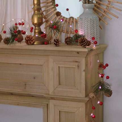 Christmas Pinecone Garlands with Lights, Vocal Metal Jingle Bell, Xmas Red Berry and Pine Leaf, Holiday Garland 10ft 30LEDs Battery Operated String Lights with Timer Flicker Options Remote Control