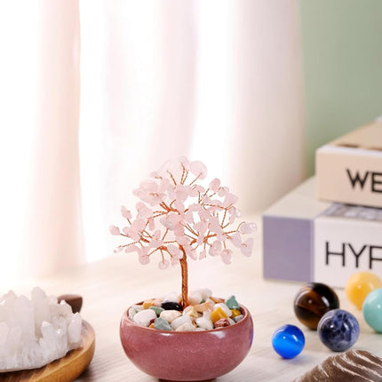 GEHECRST Rose Quartz Crystal Tree Natural Healing Crystal Gemstone Tree with Ceramic Base Handmade Stone Feng Shui Bonsai Money Tree for Wealth Good Luck Home Office Decor Crystal s