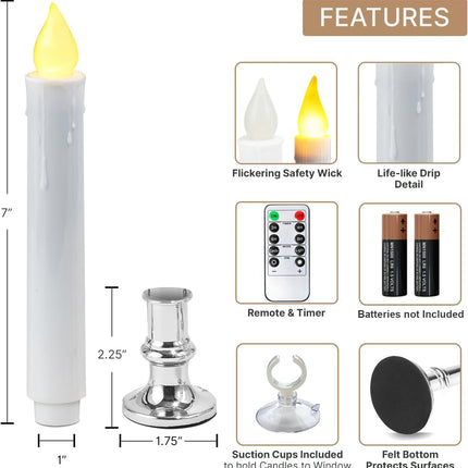Christmas Window Candles - 9.3in Flameless Taper Candles with Suction Cups Flickering Timer for Halloween Christmas Wedding Home Decor Candlesticks Fireplace (6pcs-Silvery)