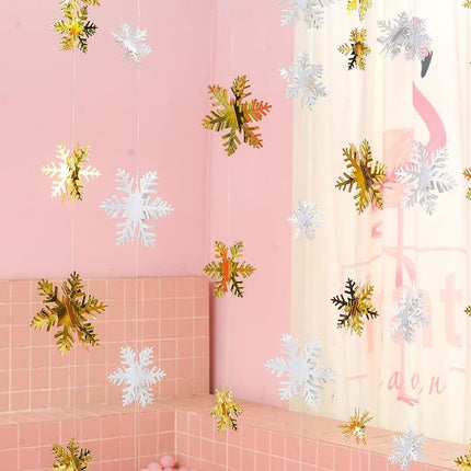 24 Pcs 3D Gold Hanging Snowflake Decorations Christmas Gold Hanging Snowflake Ornaments Glittery Snowflakes Garland Banner for Christmas Winter Wonderland Holiday Year Home Party Supplies (Gold)