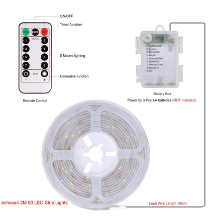 echosari LED Strip Lights Battery Powered, 90 LED Red 2835 SMD Strip Lights 9.8 Ft Cuttable Self-Adhesive Strip Lights with Remote Timer for Outdoor Indoor Party Bedroom Decoration