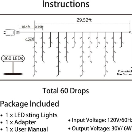 Toodour Christmas Icicle Lights Outdoor, 360 LED 29.5ft 8 Modes Fairy Icicle String Lights with 60 Drops, Led Christmas Twinkle Lights for Holiday, Party, Wedding, Christmas Decorations (Warm White)