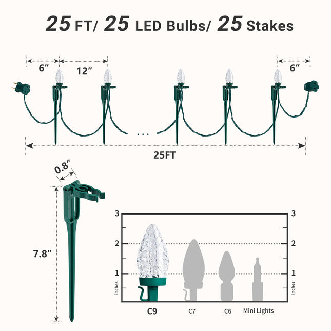 SURAIELEC C9 Christmas Pathway Lights, 25FT Walkway Christmas Lights with 25 Stakes, 25 Warm White LED Bulbs, Holiday Decoration for Yard, Sidewalk, Driveway, Connectable, Waterproof, UL Listed