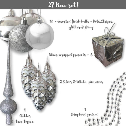 Christmas Tree Ornaments - Set of 27 - Assorted Styles and Shapes - Xmas Holiday Balls, Silver Presents, Shiny Pine Cones with White Glitter and a Tree Topper 1.5" to 3.5"