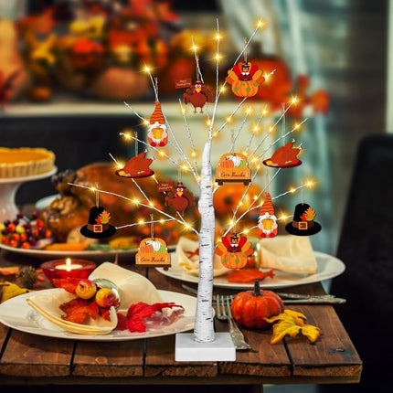 [Timer] Thanksgiving Birch Tree Lights, 24" Lighted Birch Tree with 24 PCS Fall & Thanksgiving Hanging Ornaments, Battery Operated BirchTree Fall Thanksgiving Decorations Indoor Table Bedroom Home