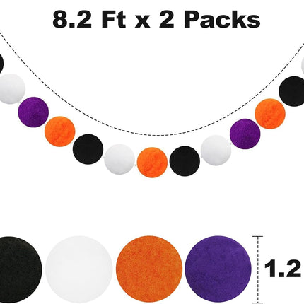 Halloween Garland, 1.2" Large Pompom Garland Black Orange Purple White, 16.4Ft 60 Pompom Ball Garlands, 2Packs Halloween Pompom Garlands for Halloween Party, Home and School Decor
