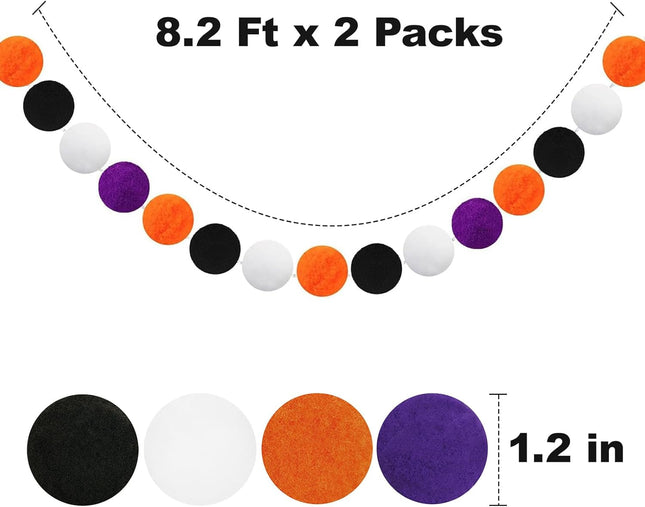 Halloween Garland, 1.2" Large Pompom Garland Black Orange Purple White, 16.4Ft 60 Pompom Ball Garlands, 2Packs Halloween Pompom Garlands for Halloween Party, Home and School Decor