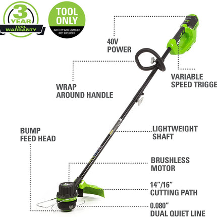 Greenworks 40V 14 inch Brushless Cordless String Trimmer, Tool Only, ST40L00