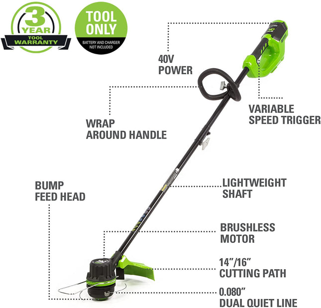 Greenworks 40V 14 inch Brushless Cordless String Trimmer, Tool Only, ST40L00