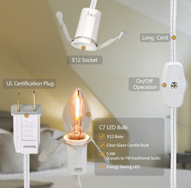 LED Accessory Cord with 5 LED Night Light Bulbs - C7 Christmas Village Light Accessory Cord - C7 led Bulb Warm White with Spare Fuse for Holiday Decoration and Craft Village House Decoration