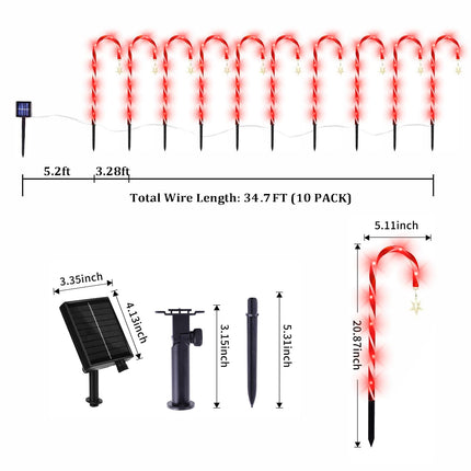 Outdoor Christmas Decorations, 10 Pcs Christmas Candy Cane Lights with Hanging Star, 21'' Solar Pathway Lights with 8 Modes, Waterproof Garden Lights for Outdoor Xmas Patio Yard Walkway Decorations