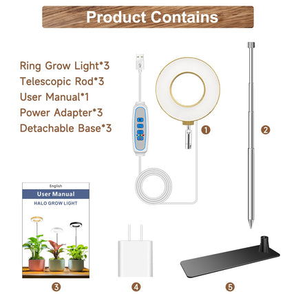 Aokrean Grow Light, Full Spectrum Plant Lights for Indoor Growing with Base | 48 LEDs Halo Grow Lamp for Small Plants, Base/Soil Insert, 6.5-26in Adjustable, 3 Spectra, 3/9/12H Timer,10 Brightness,3 Pack