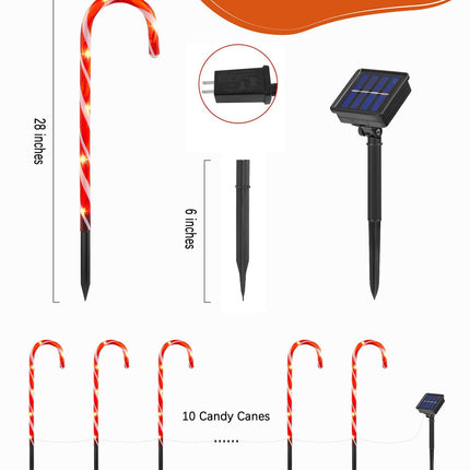 Solar Candy Cane Lights Outdoor Pathway, 28" Large Candy Cane Christmas Pathway Lights Outdoor with Solar Panel and Power Plug, Outdoor Christmas Decorations Yard, 10 Packs