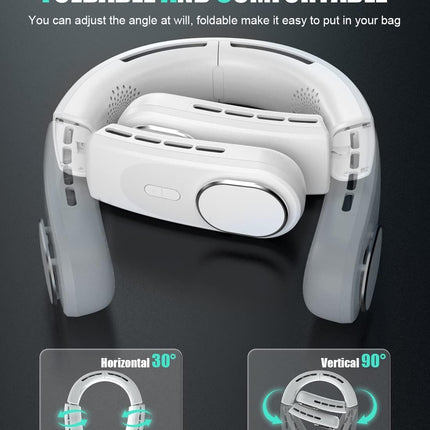 Bladeless Neck Fan Personal Portable Fan Chillgo Wearable Cooling Neck Air Conditioner Max 12Hrs, 4 Vent Airflow +90, Foldable