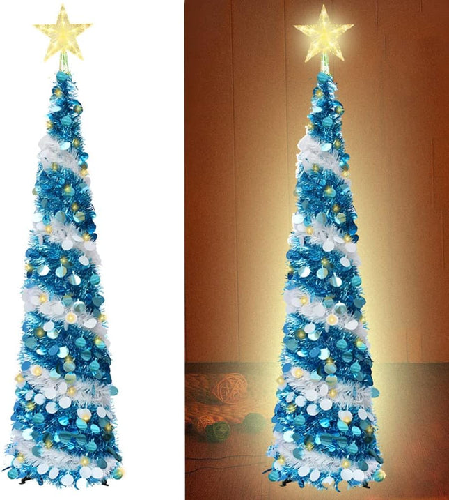 Pop-Up Artificial Christmas Tree, Collapsible Pencil Christmas Trees with 100LED Lights and Topper Star for Holiday Carnival Party Christmas Decorations (Blue)
