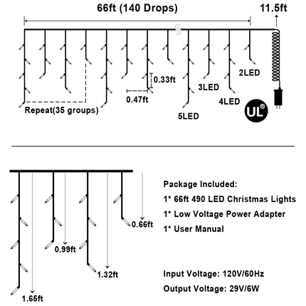 66 FT LED Christmas Lights with 140 Drops, 490 LED Indoor Outdoor Christmas Decorations, 8 Lighting Mode Waterproof Fairy Lights with Timer for Xmas Holiday Wedding Yard Party Warm White