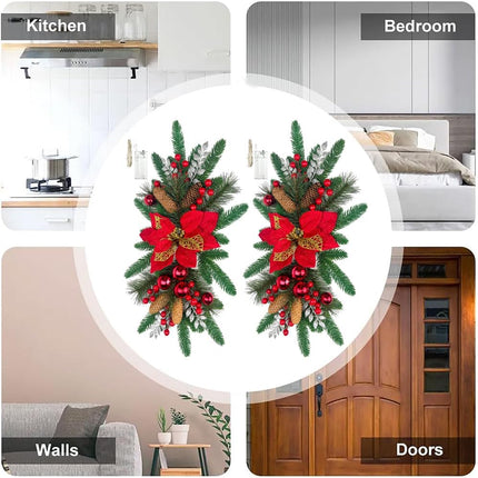 2PCS Christmas Teardrop Swag Christmas Wreaths 18'' Xmas Stairway Swag Wreath Artificial Christmas Swags Decorations for Front Door Indoor Outdoor Wall