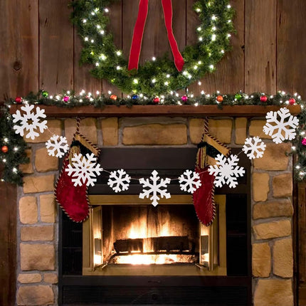 Wooden Christmas Snowflakes Ornaments, 9PCs White Snowflake Chain Hanging Ornament for Mantlepiece Window Front Door, Rustic Snowflake Embellishments Christmas Tree Decorations (White)