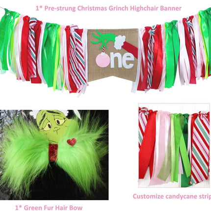 Christmas High Chair Banner, Girl Christmas 1st Birthday Sign Banner, Candy Cane Red, Green,Pink Highchair Garland with Hair Bow for Girls Christmas First Birthday, Photo Booth Props And Cake Smash