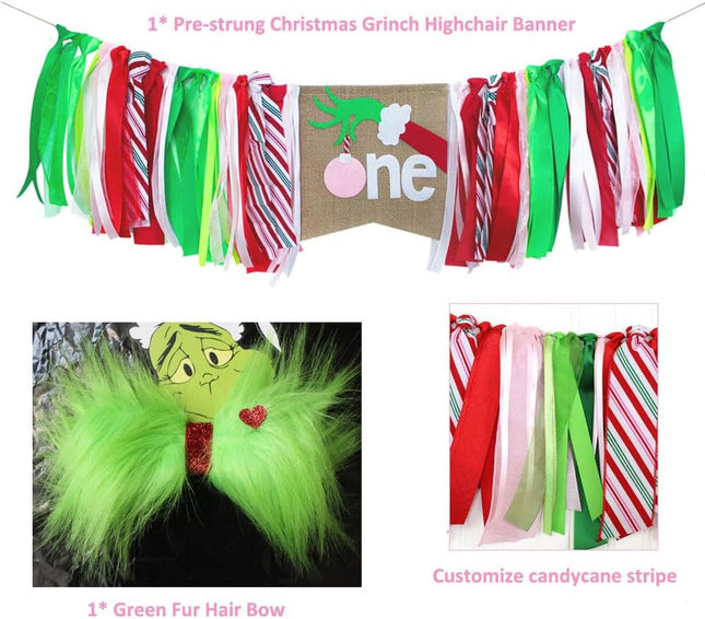Christmas High Chair Banner, Girl Christmas 1st Birthday Sign Banner, Candy Cane Red, Green,Pink Highchair Garland with Hair Bow for Girls Christmas First Birthday, Photo Booth Props And Cake Smash