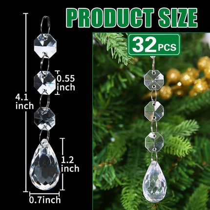 SUPREME XMAS Crystal Christmas Ornaments for Christmas Tree Decorations, 32pcs Clear Acrylic Hanging Teardrop Crystals for Centerpieces Chandelier Garland Beads Wedding Party Indoor Home Decor
