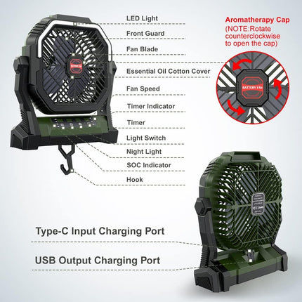 Camping Fan With Led Lights, 5 In 1 Portable Fan 12000Mah 50H Rechargeable Usb Desk Battery Powered Fan With Power Bank/Timer/Hoo