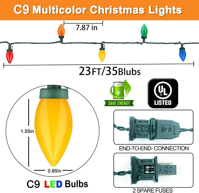 C9 Christmas LED String Lights, 23 Ft LED Vintage Multicolor Lights with 35 LED C9 Colorful Light Bulbs, Outdoor String Lights for Christmas Party Backyard Wedding- Green Wire