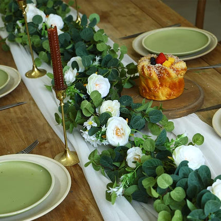 MISSPIN White 6.6 Feet Eucalyptus Garland with Flowers, 16 Lovely Flowers, Artificial Eucalyptus and Rose Garland Decor, Floral Garland Greenery Garland for Wedding Table Decor