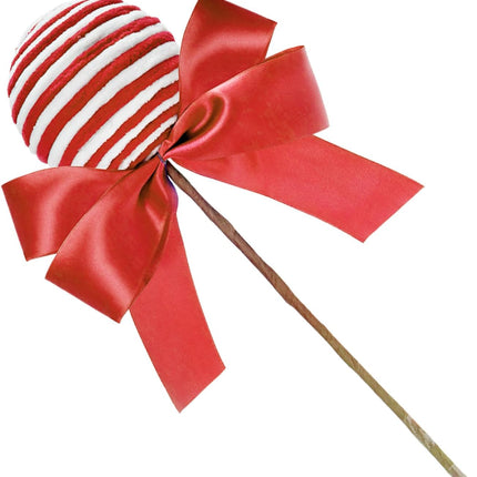 Large Lollipop Candy Picks Set of 4 Striped Peppermint Sprays Christmas Tree Stems Decorations Sticks with Ribbon Bows Xmas Tree Topper Home Vase Filler Wreath DIY Crafts Party Supplies (Red White)