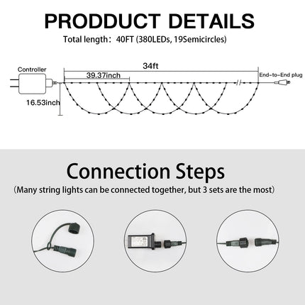 Christmas Lights Outdoor, 34FT 380 LED Christmas String Lights Extendable Waterproof 11 Lighting Modes ColorChanging with Remote Half-Round Christmas Lights for Eaves Yard House Wedding Party