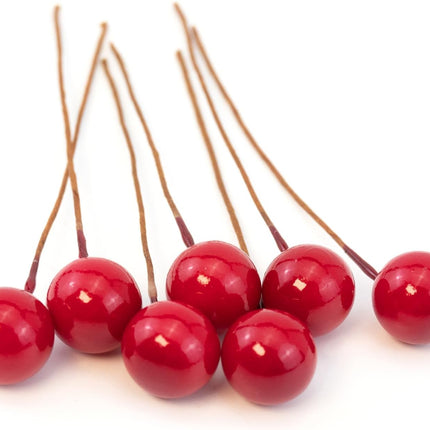 Quacc 100pcs Red Artificial Holly Berries Lovely 0.4" Fake Berries on Wire Realistic Berries for Christmas Tree Garland Flower Wreath Decorations Wreath DIY Craft Use