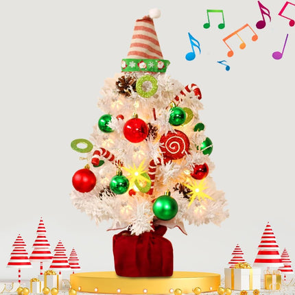 Mini White Christmas Tree, Small Flocked Christmas Tree with Lights and Music Tabletop Artificial Pre-lit Xmas Tree Christmas Decorations Indoor Outdoor for Home Decor Party s