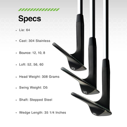 BombTech - Premium Golf Wedge Set - 52, 56, 60 Degrees Golf Wedges - Max Groove for Increased Spin - Black Wedges…