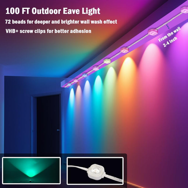 Permanent Outdoor Christmas Lights 100ft,Smart RGB Outdoor Lights Color Changing Eave Lights with 63 Scene Modes, IP67 Waterproof Permanent Holiday Lights Outdoor,APP,Voice,Remote Control