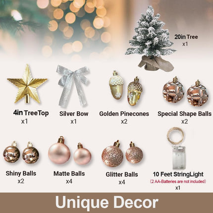 Mini Christmas Tree 2ft Tabletop Small Christmas Tree, Table Top Artificial Snow Flocked Arbol de Navidad Xmas Tree with Christmas Decorations for Home Apartment Office Desk