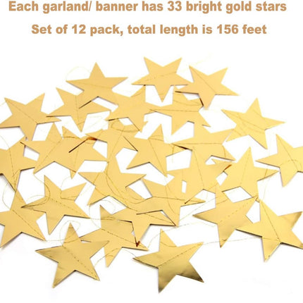 Gold Star Garland Banner Decorations - 156 Feet Bright Gold Paper Garland Hanging Decorations, Glitter Gold Star Bunting Banner for Wedding, Birthday, Holiday, Christmas Party