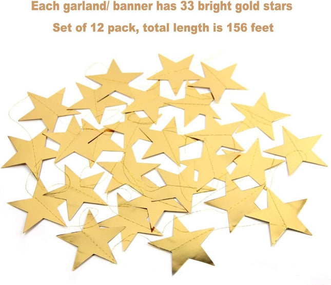 Gold Star Garland Banner Decorations - 156 Feet Bright Gold Paper Garland Hanging Decorations, Glitter Gold Star Bunting Banner for Wedding, Birthday, Holiday, Christmas Party
