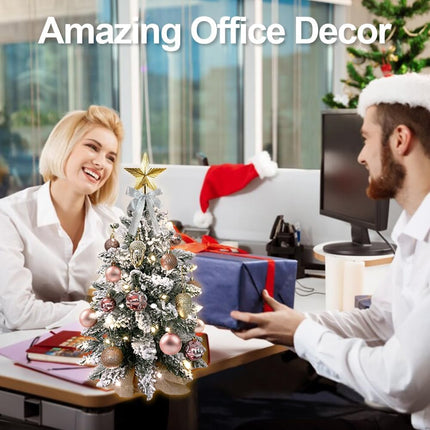 Mini Christmas Tree 2ft Tabletop Small Christmas Tree, Table Top Artificial Snow Flocked Arbol de Navidad Xmas Tree with Christmas Decorations for Home Apartment Office Desk