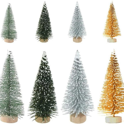 Miniature Pine Trees 8 Pcs Sisal Frosted Christmas Trees Snow-Covered with Wood Base Christmas Tree Set Tabletop Trees for Miniature Scenes, Christmas Crafting and Designing, Mixed Size